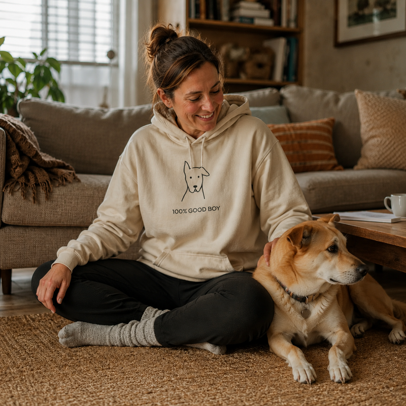 100% Good Boy hoodie featuring a dog's head in line art