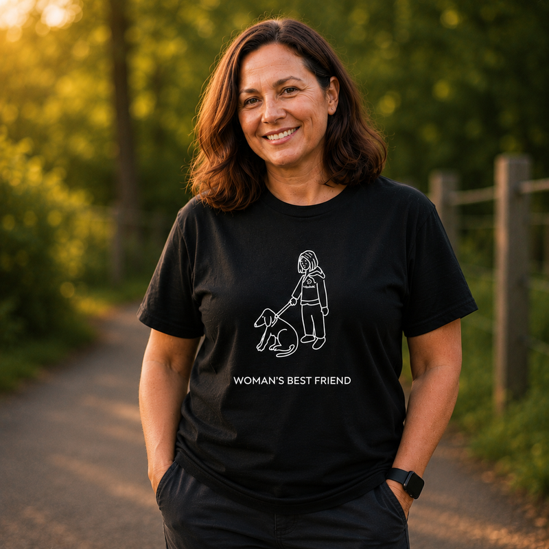 Woman's Best Friend t-shirt featuring a woman walking her dog, seen from behind