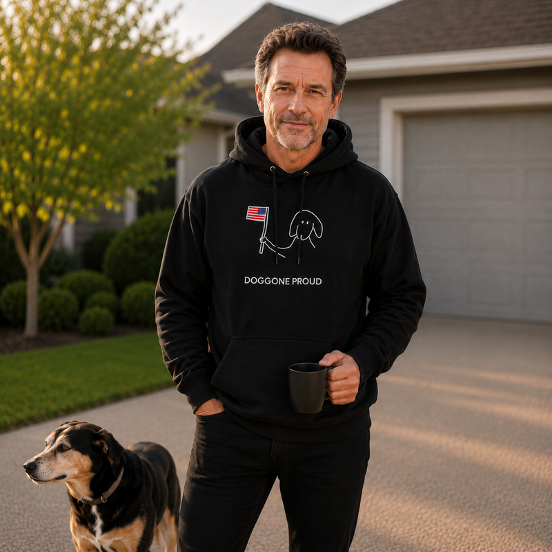 Doggone Proud hoodie featuring a dog holding a small flag