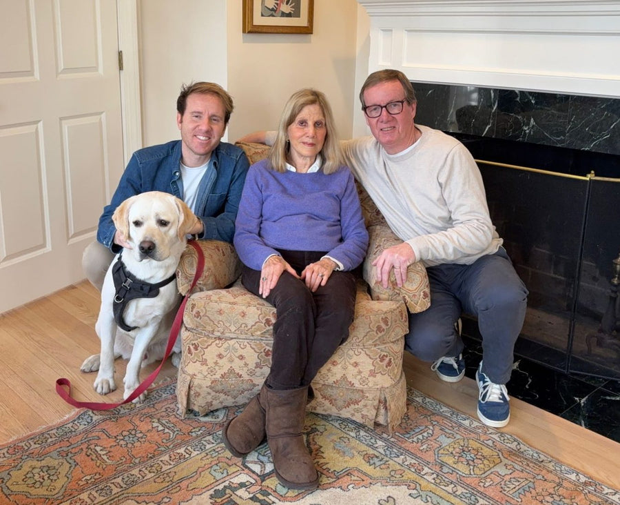 Nick, Mimi and Paul at home with their yellow lab