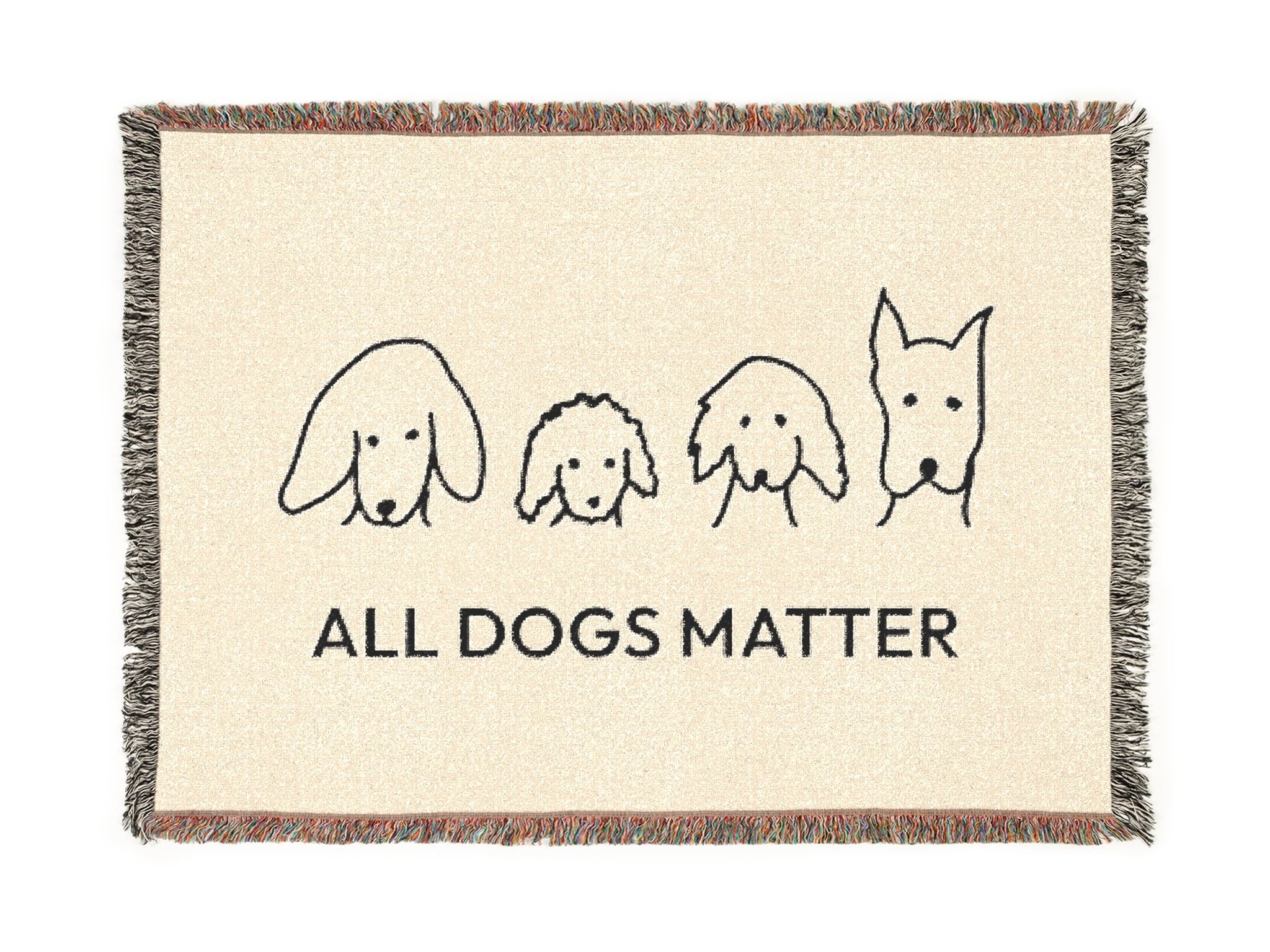 All Dogs Matter throw blanket featuring four hand-drawn dog heads beside the words