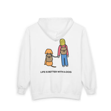 Life Is Better With A Dog -- Hiking (Back Print) | Morewoof Full Zip Hoodie for Dog Lovers | Color Collection