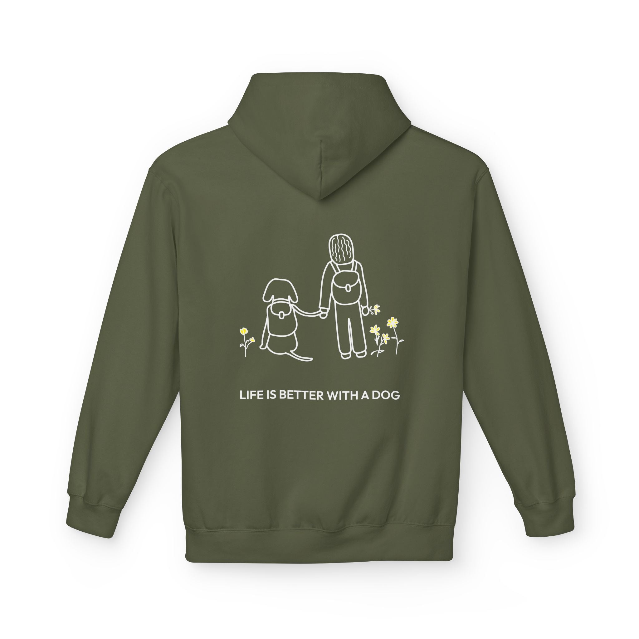 Dog Hiking hoodie - a person and dog hiking past wildflowers