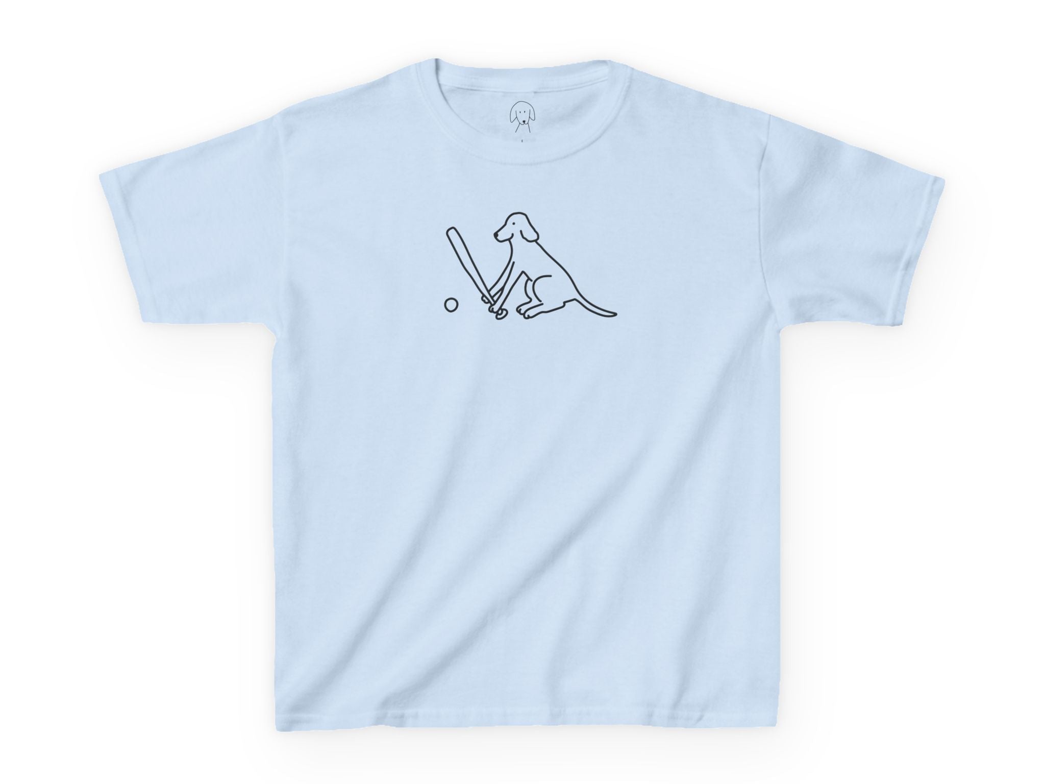 A dog swinging a baseball bat, on a Light Blue Baseball Dog kids tee