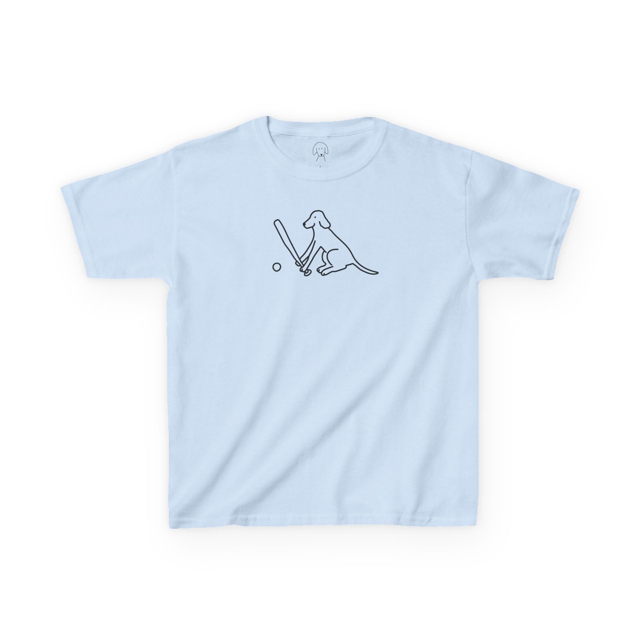 A dog swinging a baseball bat, on a Light Blue Baseball Dog kids tee