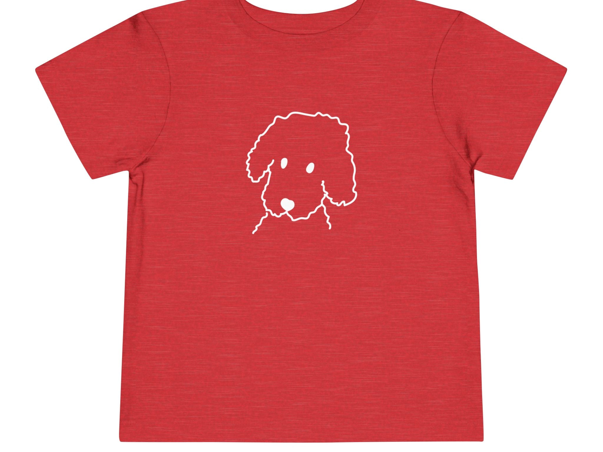 A curly-coated dog's head in line art, on a Heather Red Curly Dog toddler tee