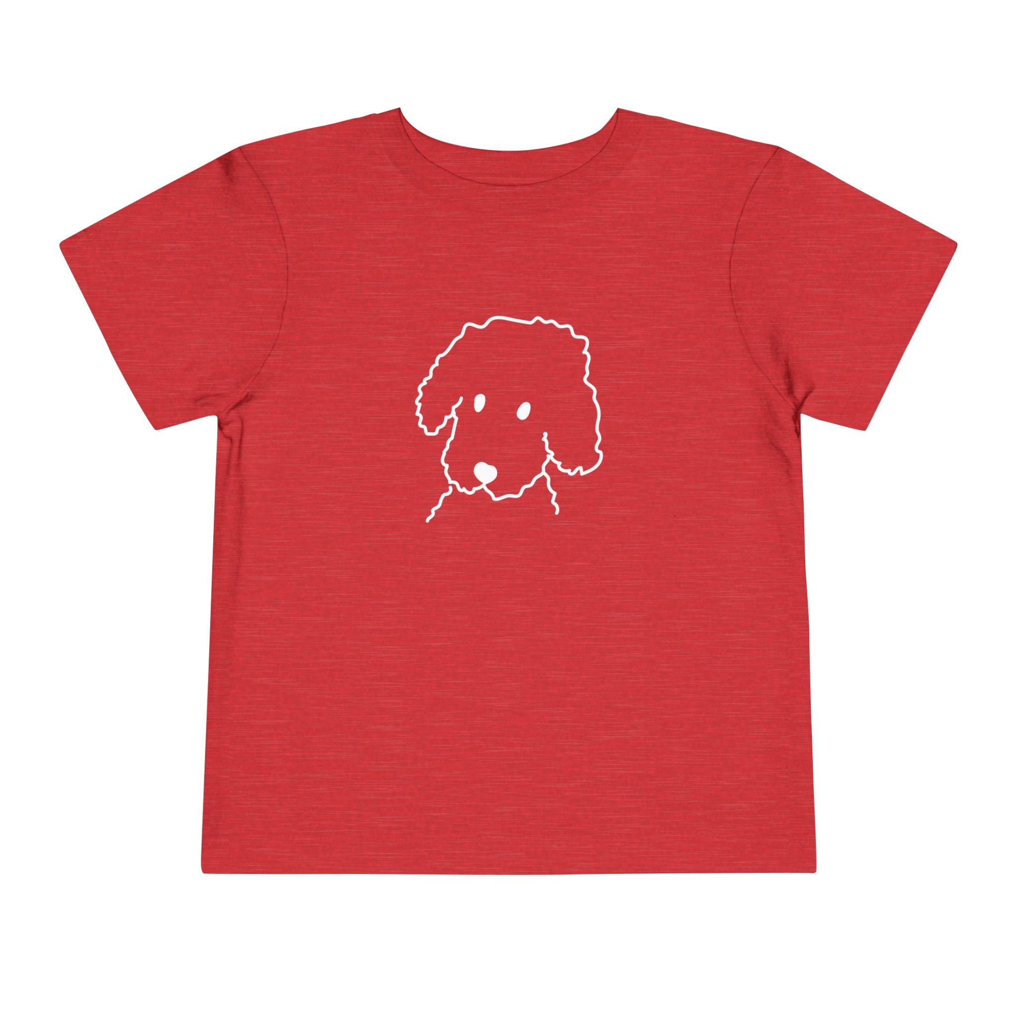 A curly-coated dog's head in line art, on a Heather Red Curly Dog toddler tee