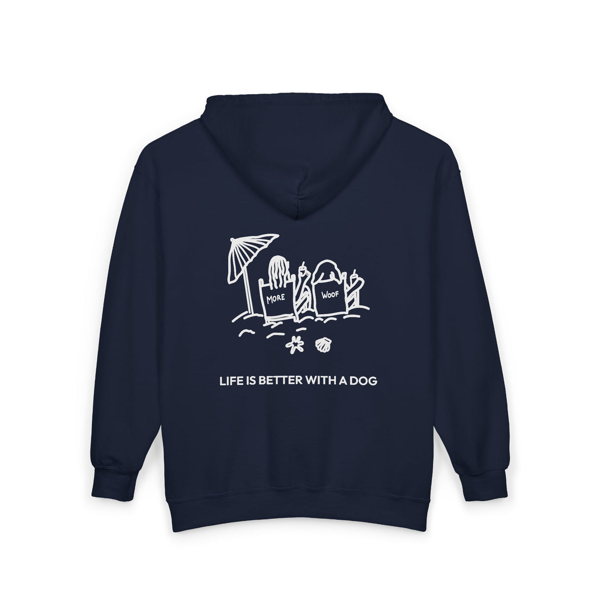 Life is Better with a Dog -- Beach (Back Print) | Morewoof Full Zip Hoodie for Dog Lovers | Life Is Better With A Dog Collection | Summer Collection