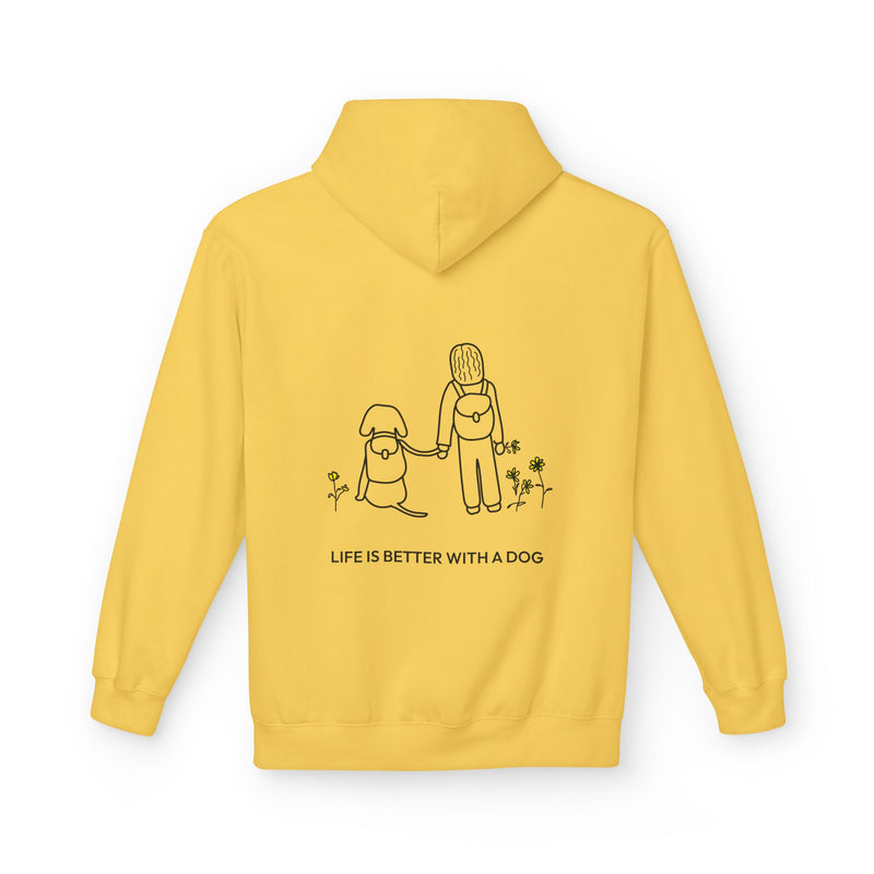 MoreWoof Dog Hiking hoodie, close view, featuring a person and dog hiking past wildflowers