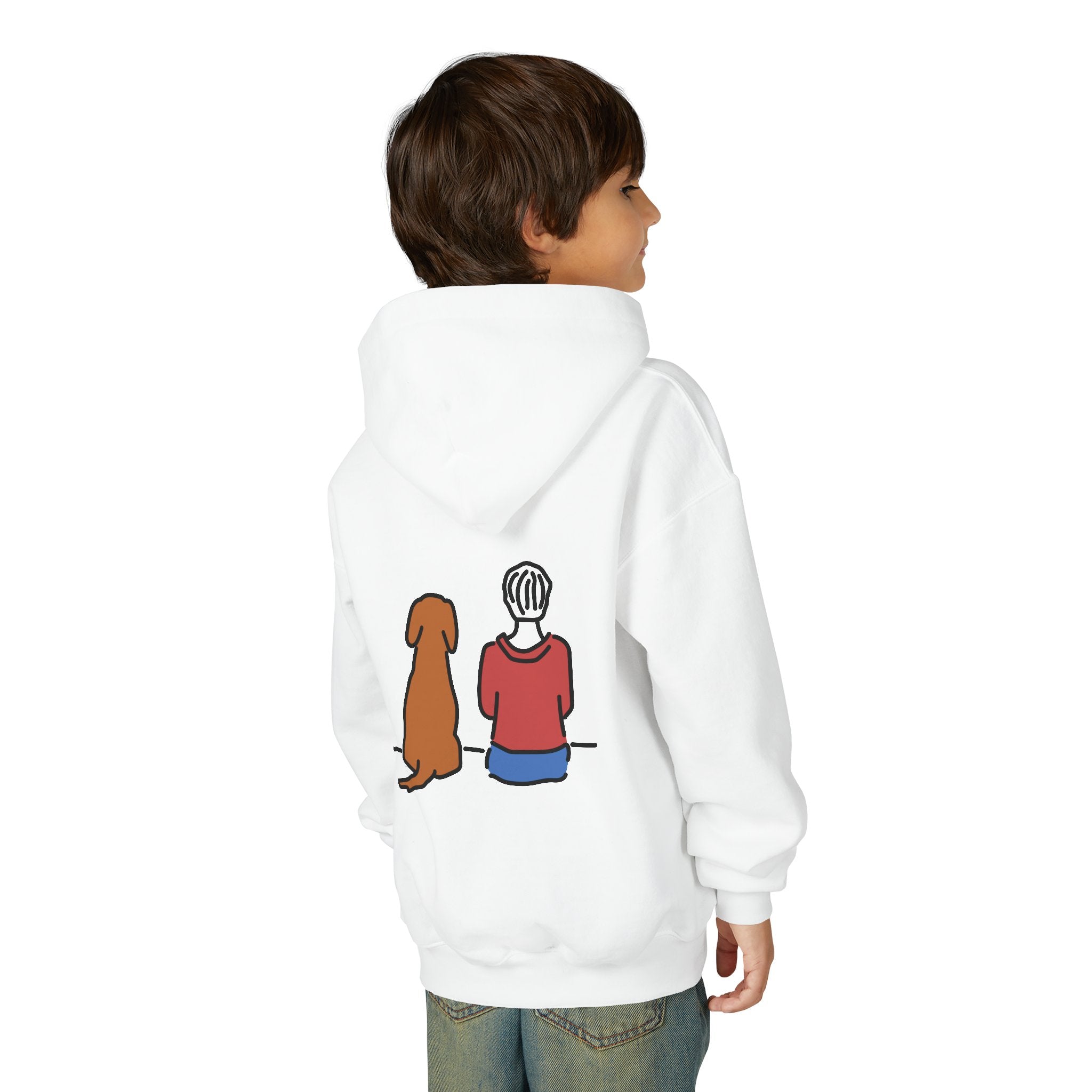 MoreWoof Better Together youth hoodie, product image featuring a person and dog sitting side by side