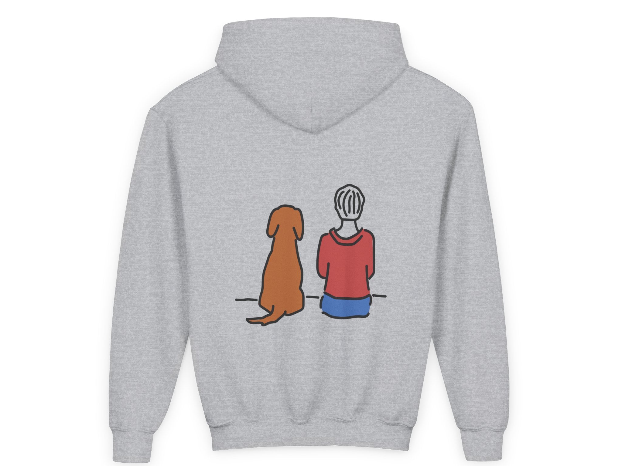 Better Together youth hoodie, featuring a person and dog sitting side by side