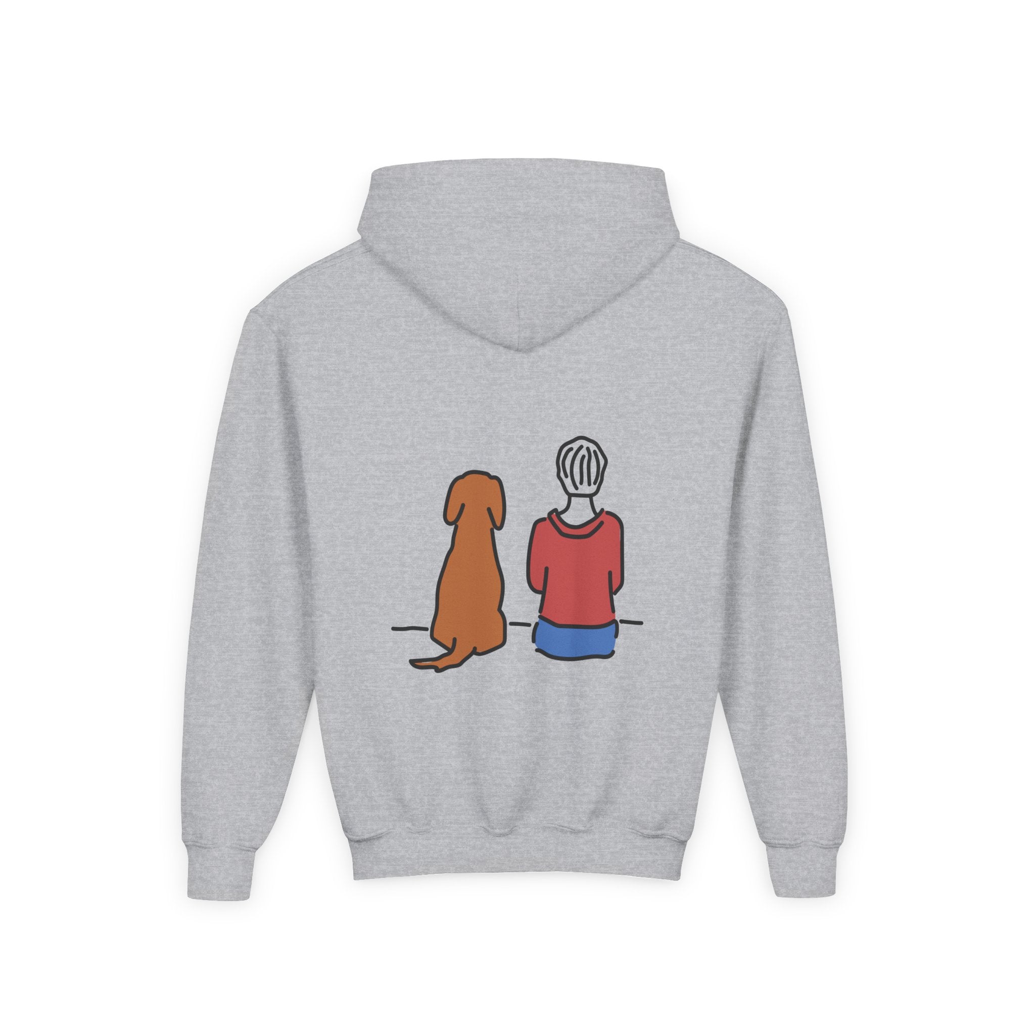 Better Together youth hoodie, featuring a person and dog sitting side by side