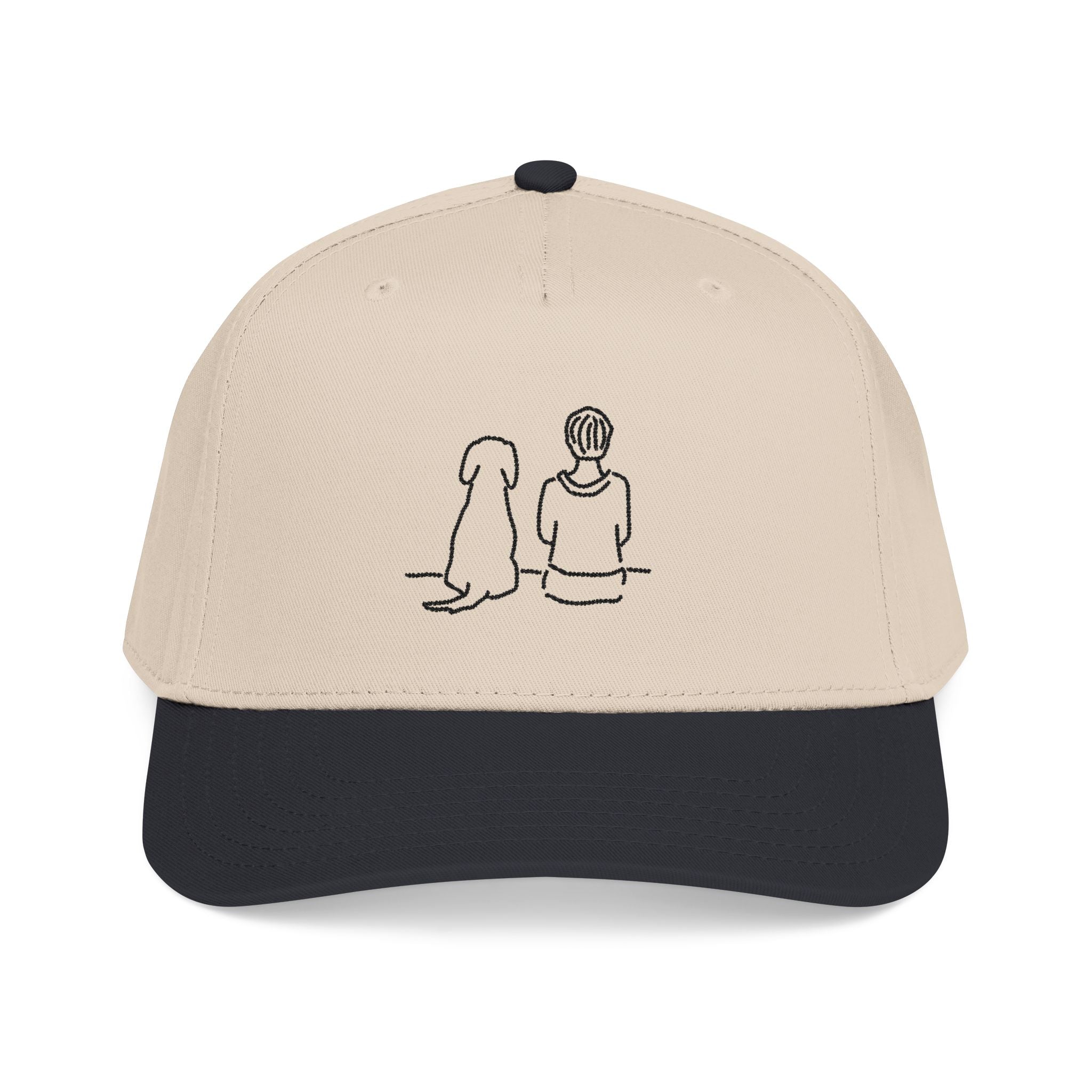 Better Together snapback cap in Black / Natural, featuring a person and dog sitting side by side