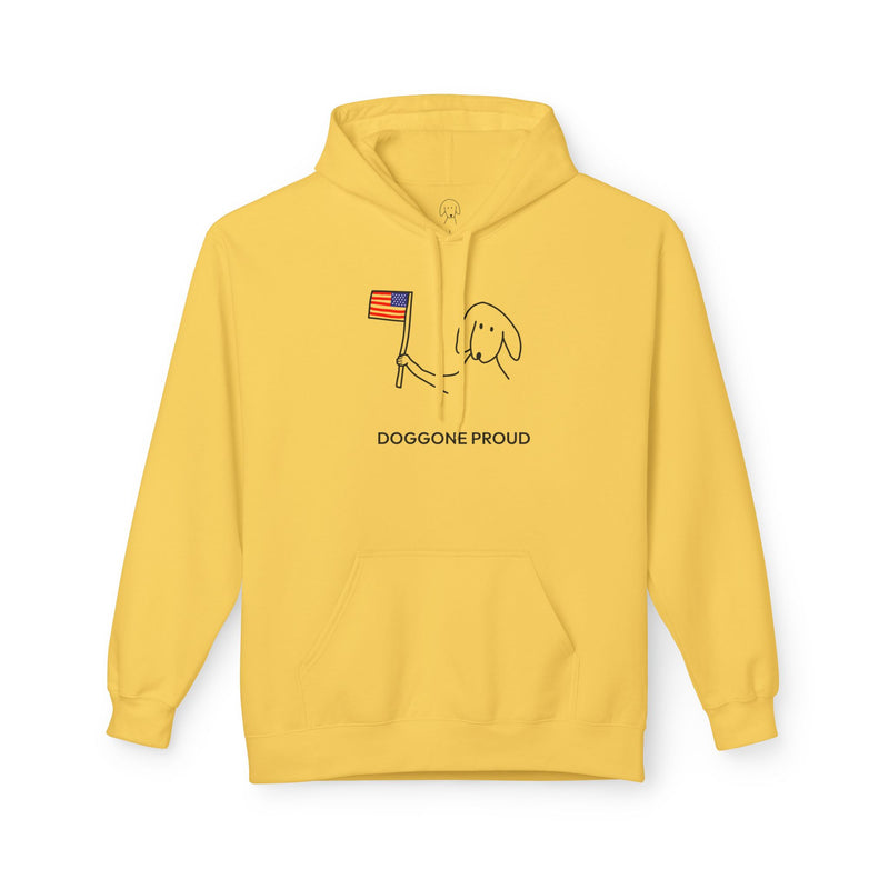 Doggone Proud hoodie in Daisy, featuring a dog holding a small flag