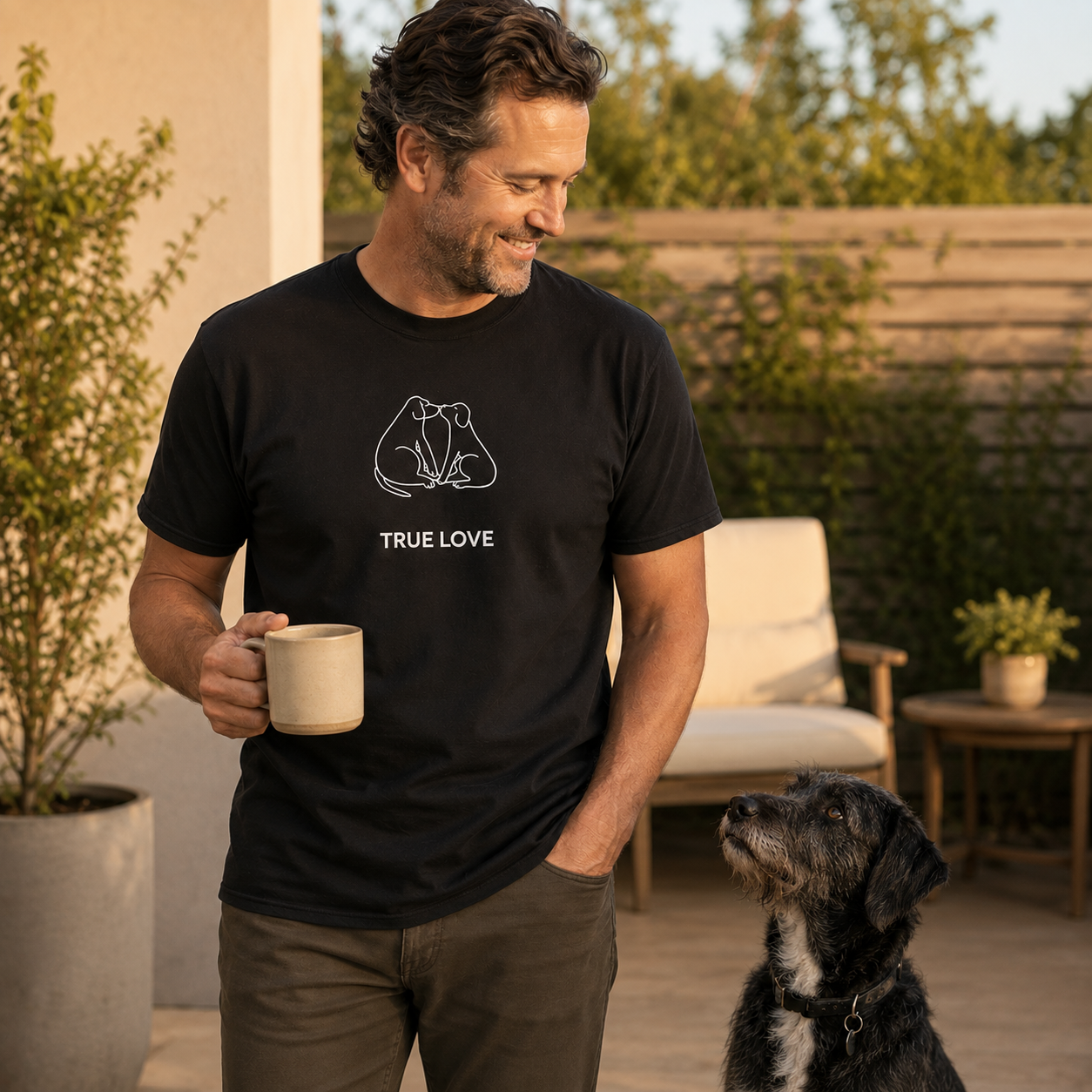 MoreWoof Cat Kisses t-shirt with two dogs nuzzling nose to nose