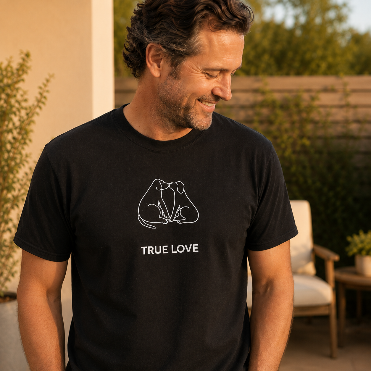 MoreWoof Cat Kisses t-shirt design: two dogs nuzzling nose to nose