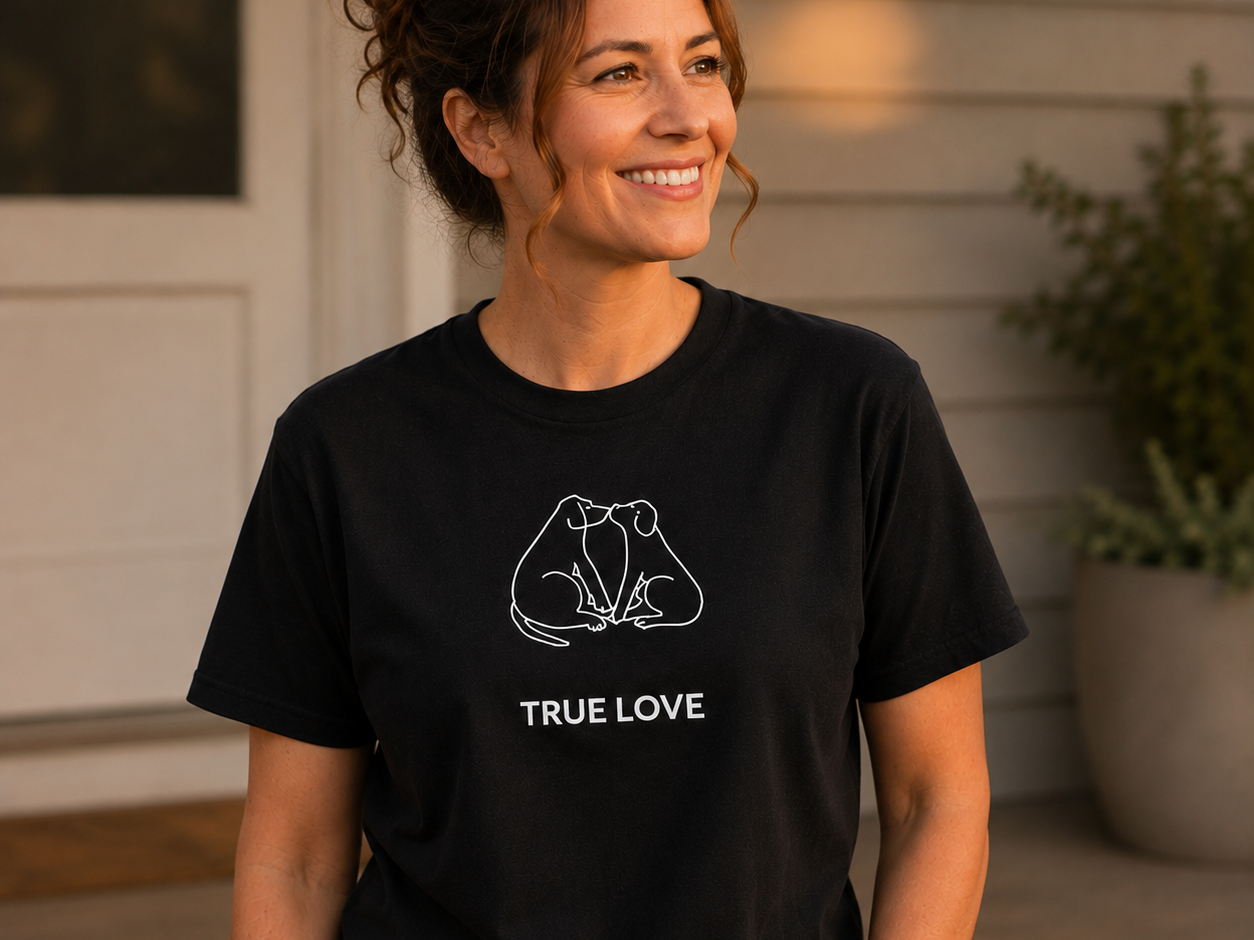 Cat Kisses t-shirt featuring two dogs nuzzling nose to nose