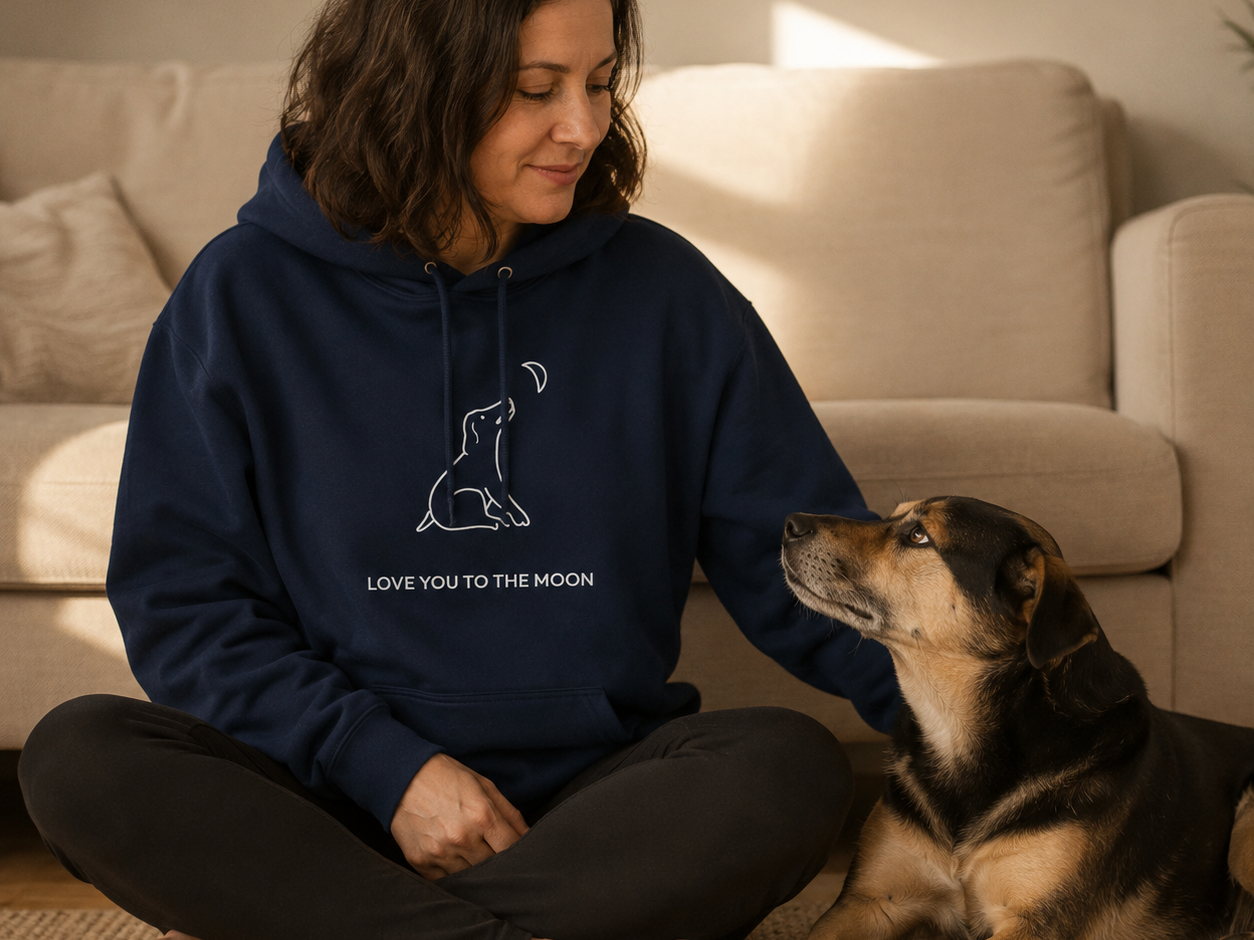 Love You To The Moon hoodie featuring a dog looking up at the moon