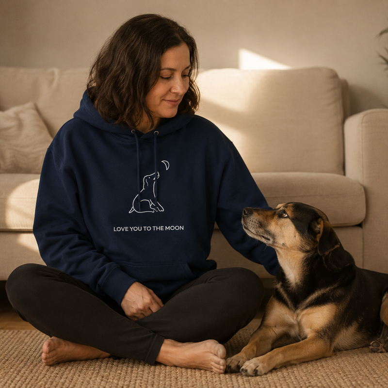 Love You To The Moon hoodie featuring a dog looking up at the moon