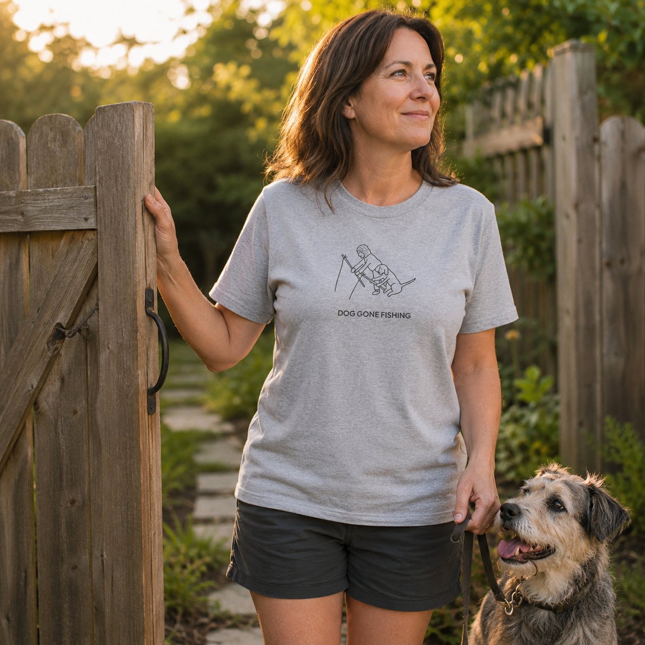 MoreWoof Dog Gone Fishing t-shirt design: a person fishing with their dog