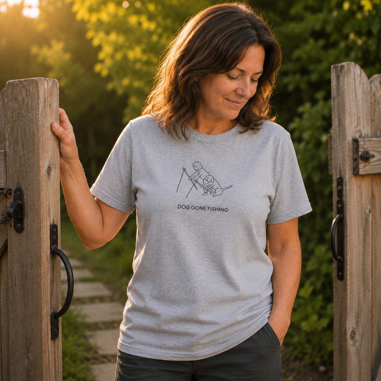 MoreWoof Dog Gone Fishing t-shirt - a person fishing with their dog
