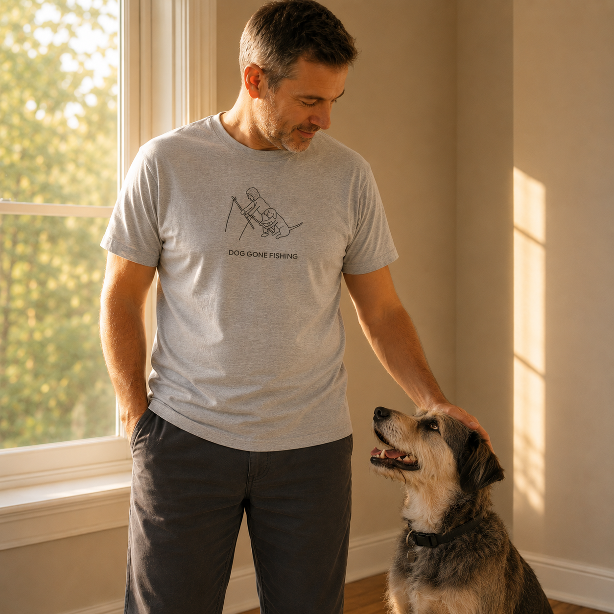 Dog Gone Fishing t-shirt, artwork of a person fishing with their dog