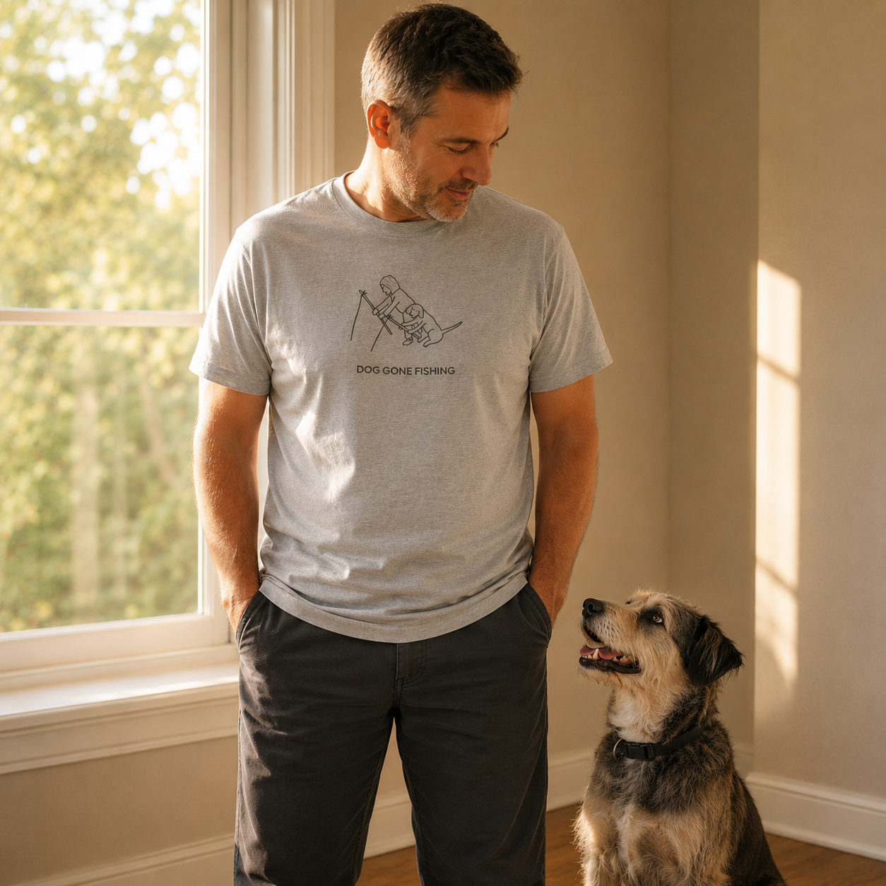 Dog Gone Fishing t-shirt, printed with a person fishing with their dog