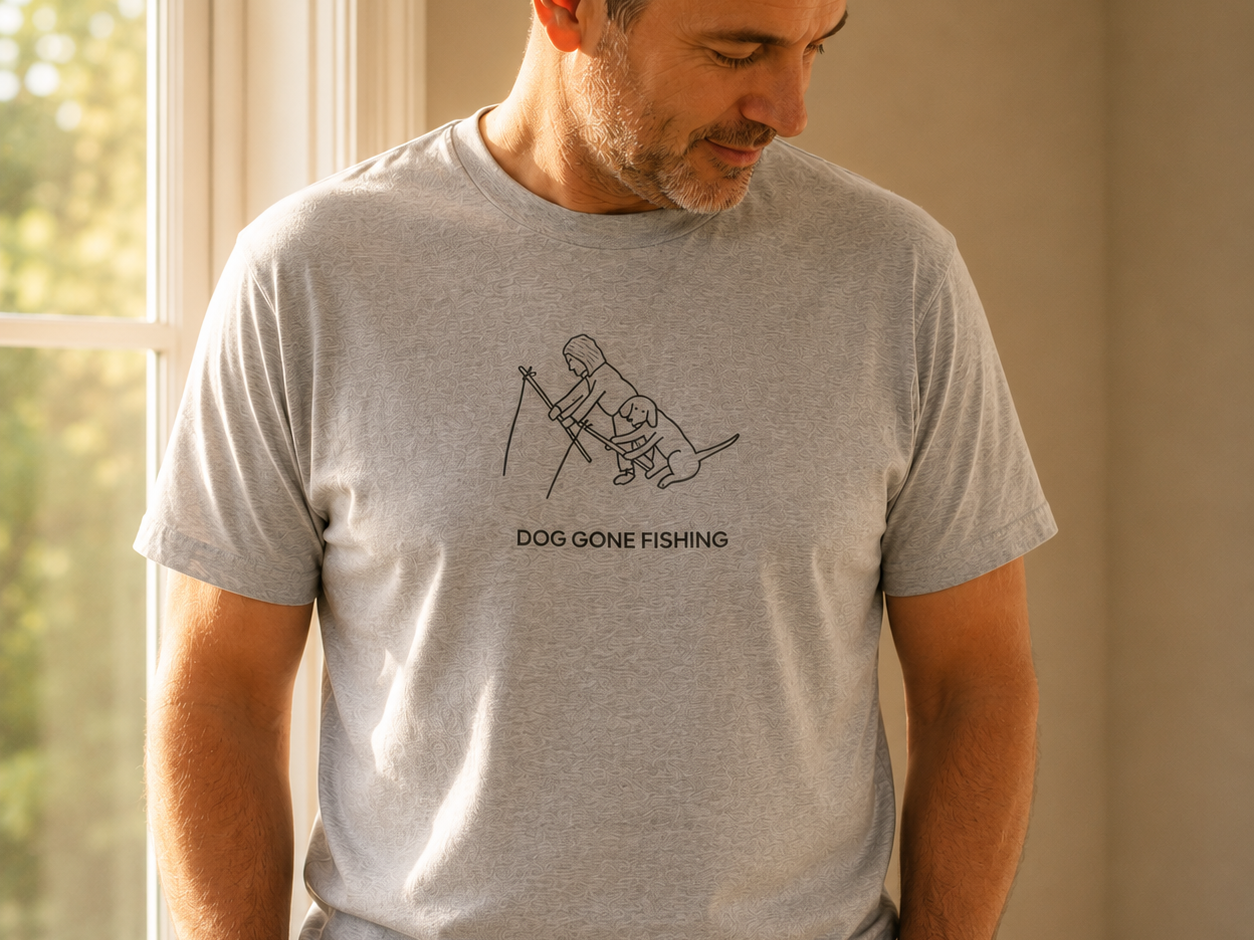 Dog Gone Fishing t-shirt featuring a person fishing with their dog