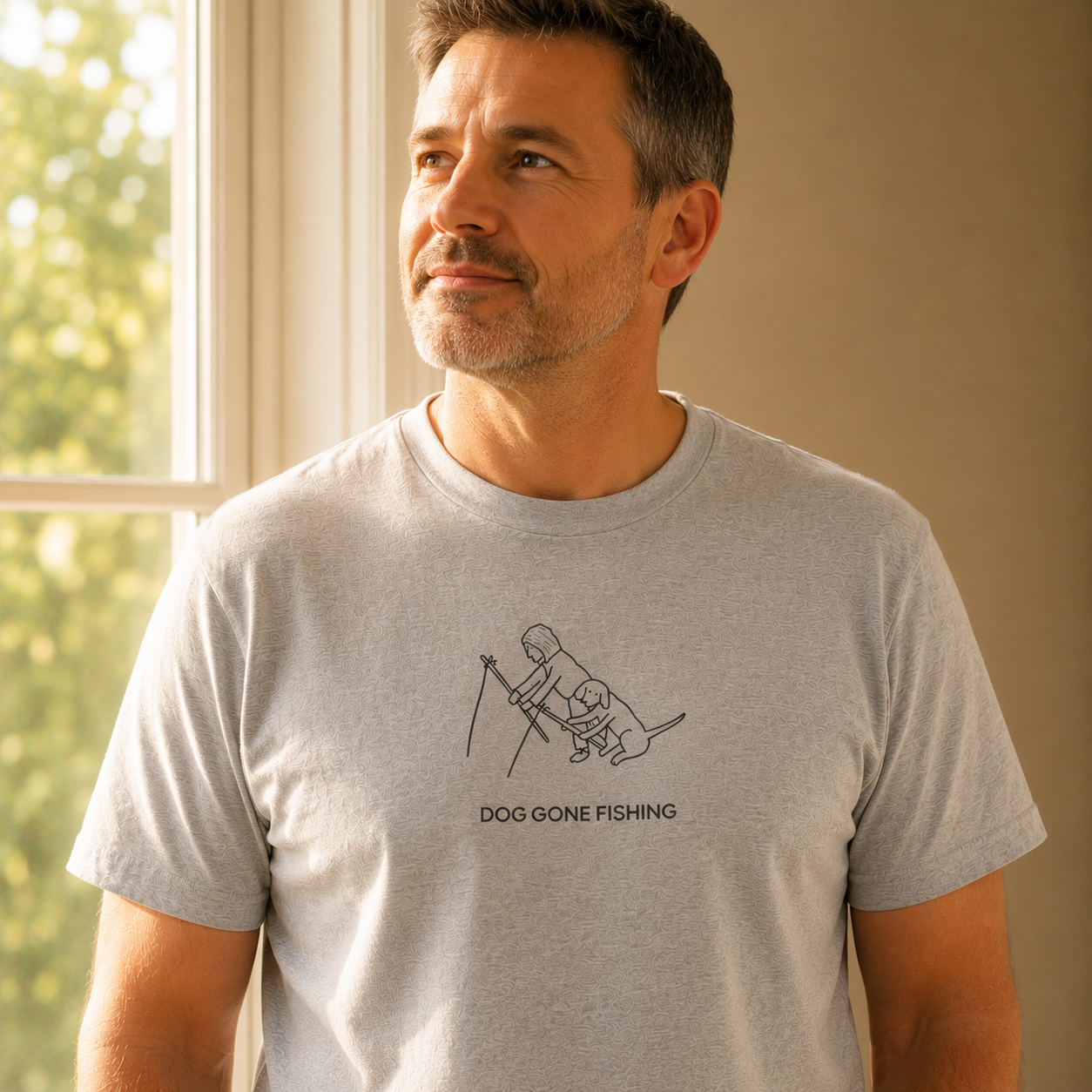 Dog Gone Fishing t-shirt printed with a person fishing with their dog