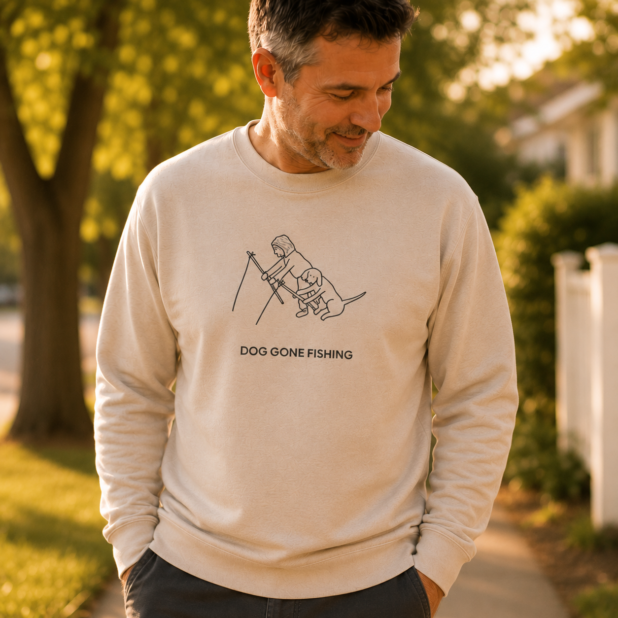 Dog Gone Fishing sweatshirt printed with a person fishing with their dog