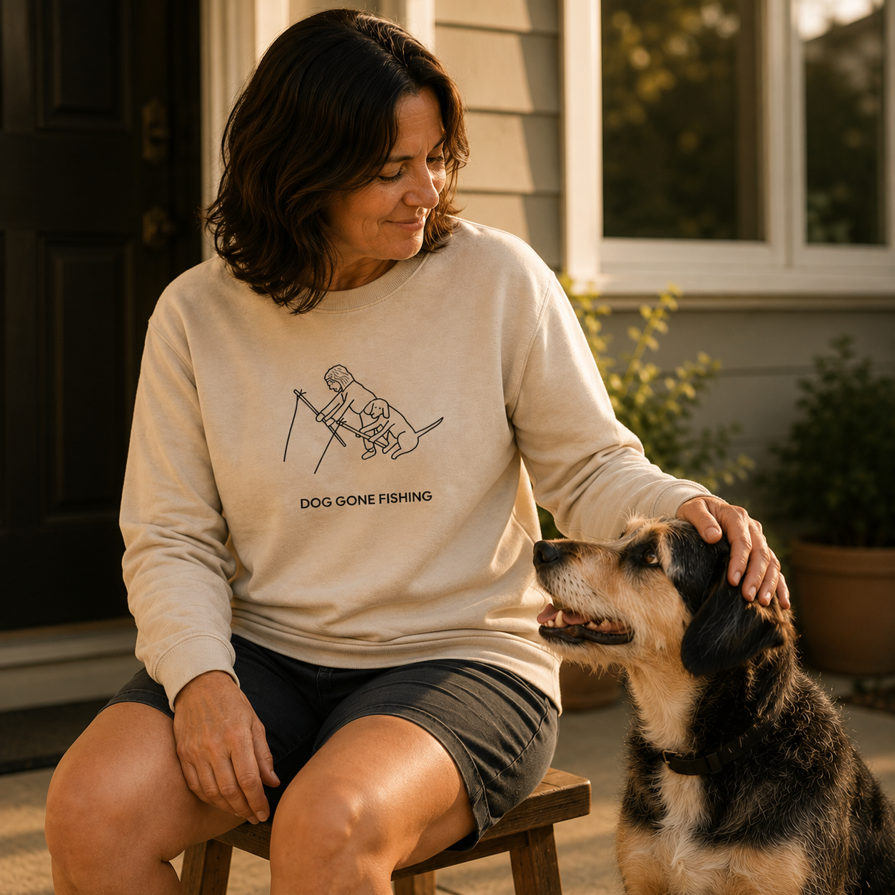 MoreWoof Dog Gone Fishing sweatshirt design: a person fishing with their dog