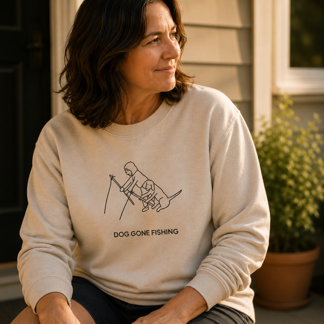 MoreWoof Dog Gone Fishing sweatshirt - a person fishing with their dog