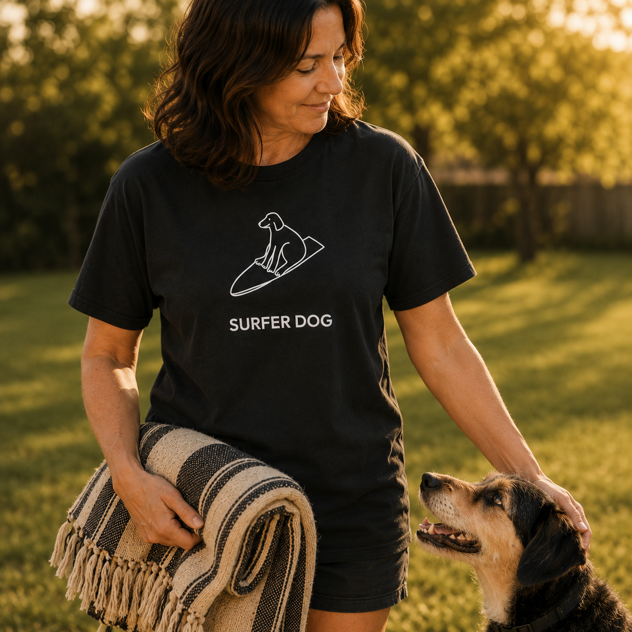 MoreWoof Surfer Dog t-shirt design: a dog standing on a surfboard