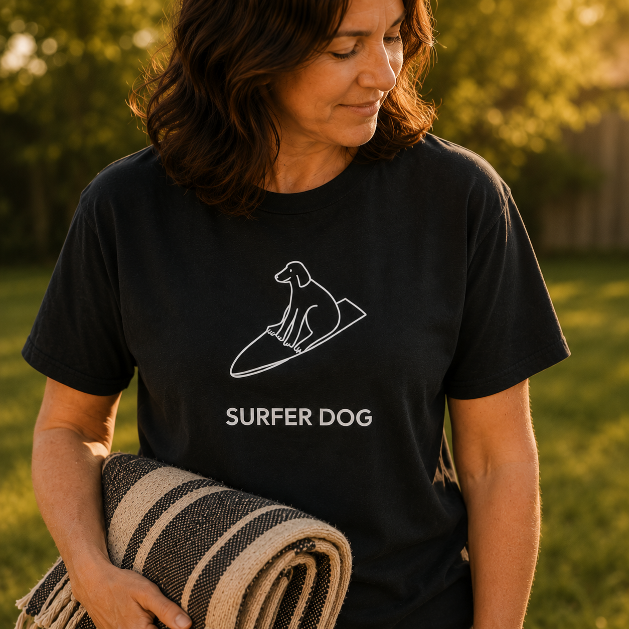 MoreWoof Surfer Dog t-shirt - a dog standing on a surfboard