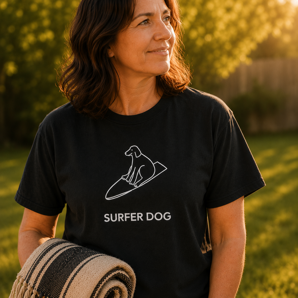 The MoreWoof Surfer Dog t-shirt showing a dog standing on a surfboard