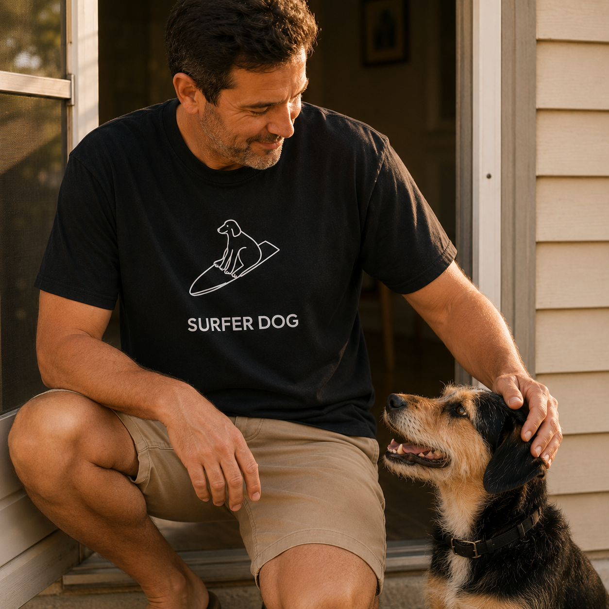 Surfer Dog t-shirt, artwork of a dog standing on a surfboard