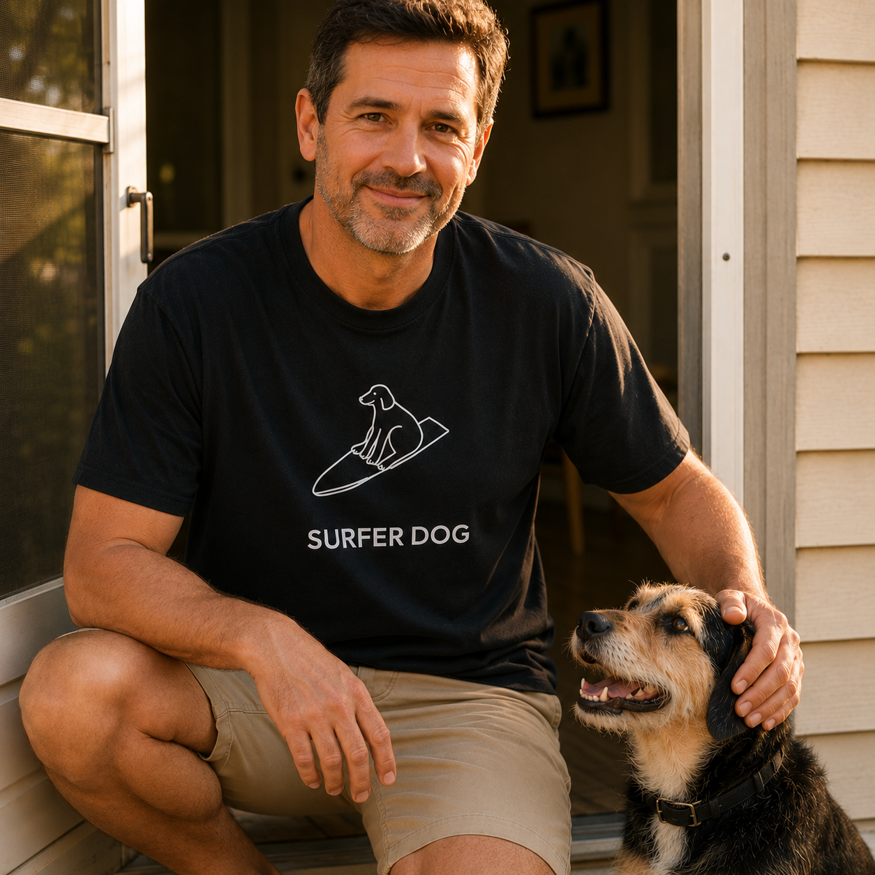 Surfer Dog t-shirt, printed with a dog standing on a surfboard