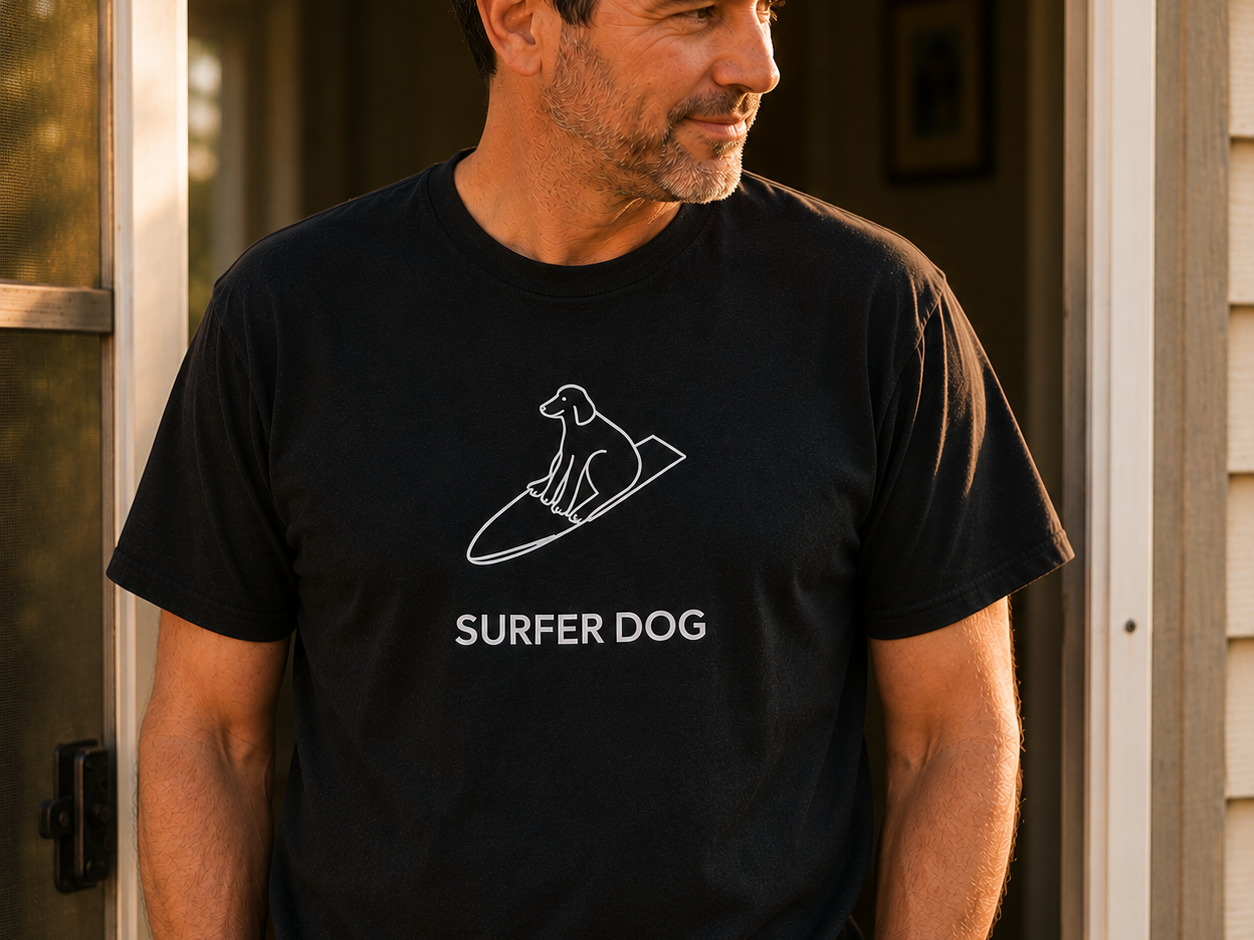 Surfer Dog t-shirt featuring a dog standing on a surfboard