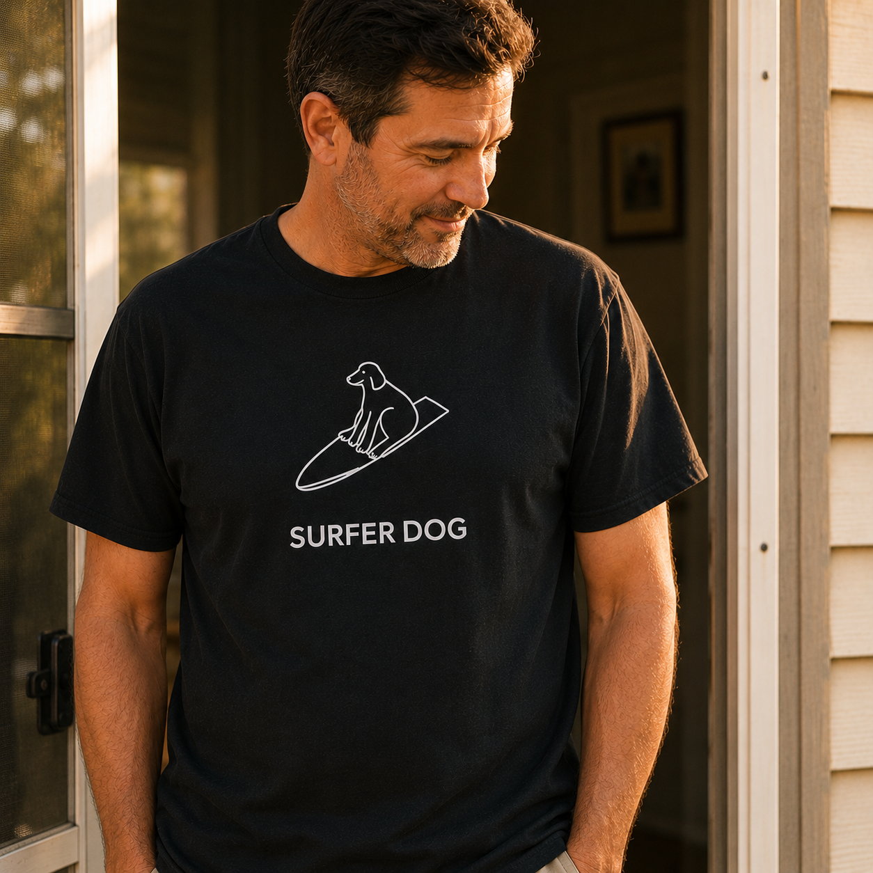 Surfer Dog t-shirt printed with a dog standing on a surfboard