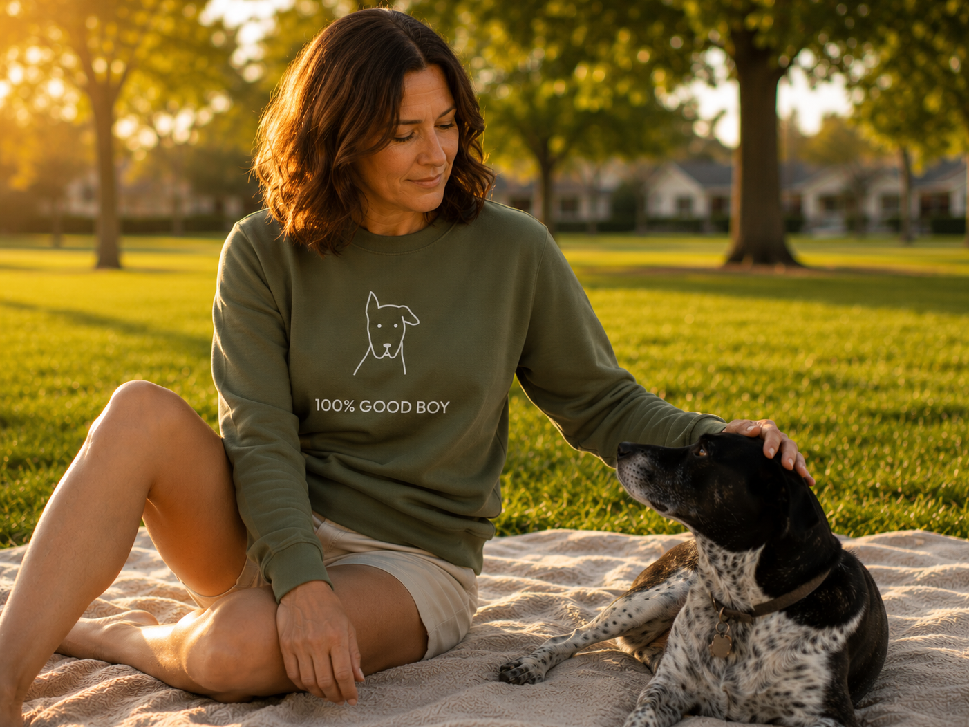 100% Good Boy sweatshirt featuring a dog's head in line art
