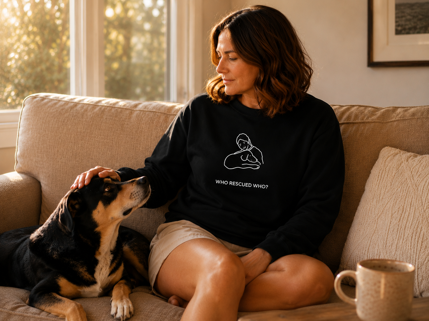 Who Rescued Who sweatshirt featuring a person hugging their dog