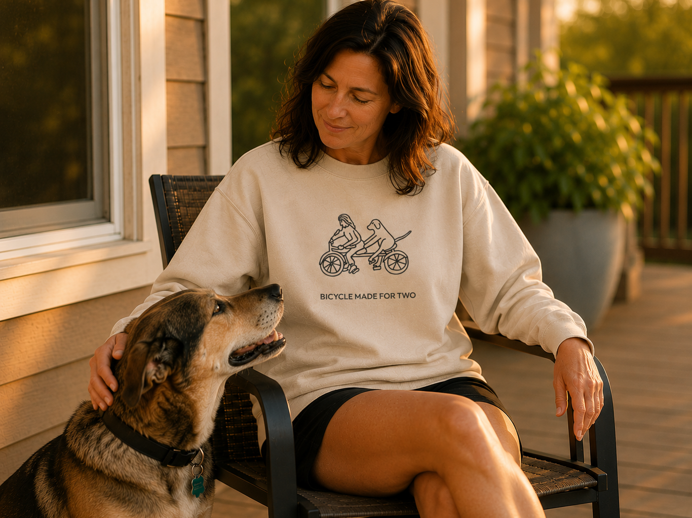 Bicycle For Two sweatshirt featuring a person riding a tandem bike with a dog