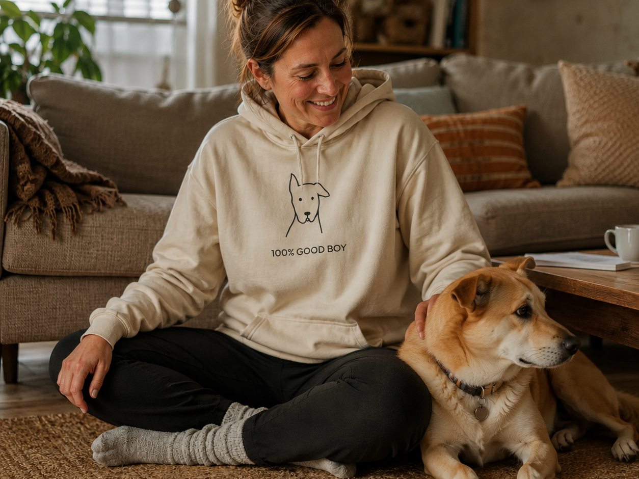 100% Good Boy hoodie featuring a dog's head in line art
