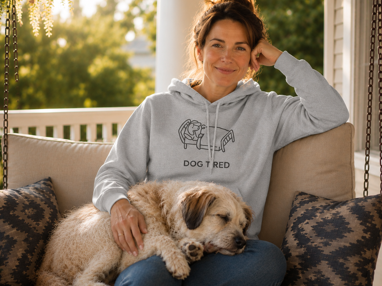Dog Tired hoodie featuring a dog lying on a daybed beside its owner