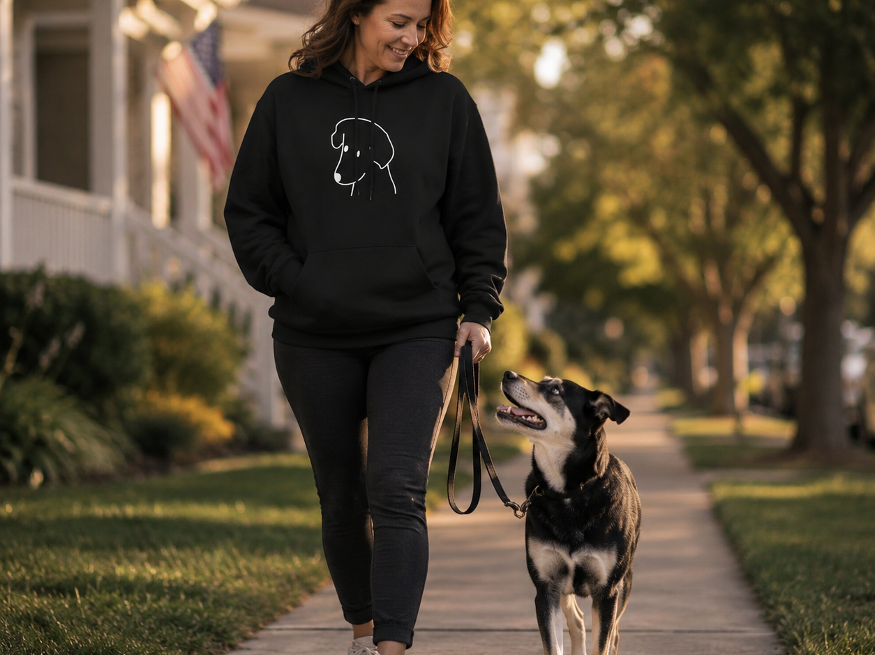 Happy Dog hoodie featuring a labrador's head in line art