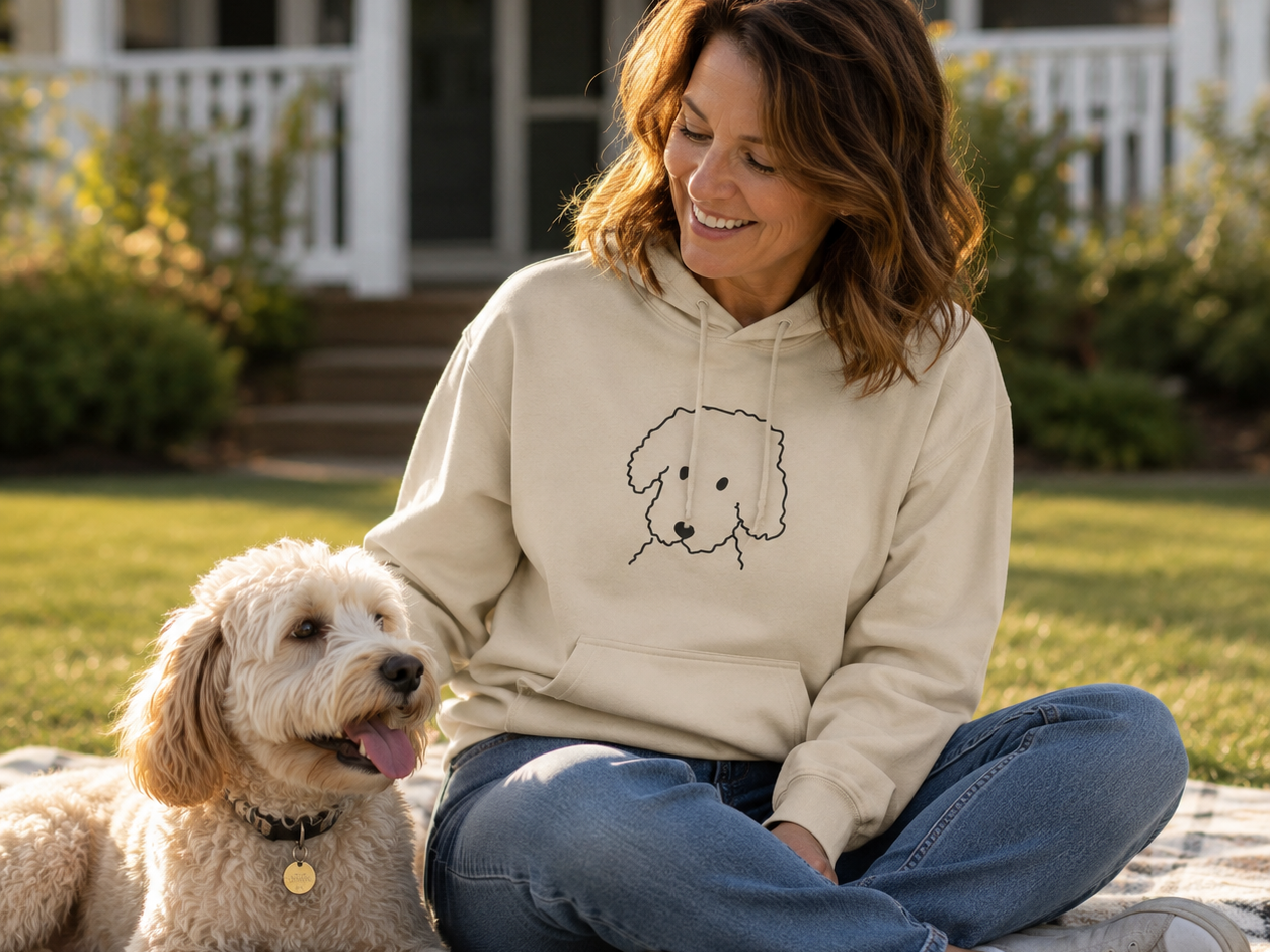 Curly Dog hoodie featuring a curly-coated dog's head in line art