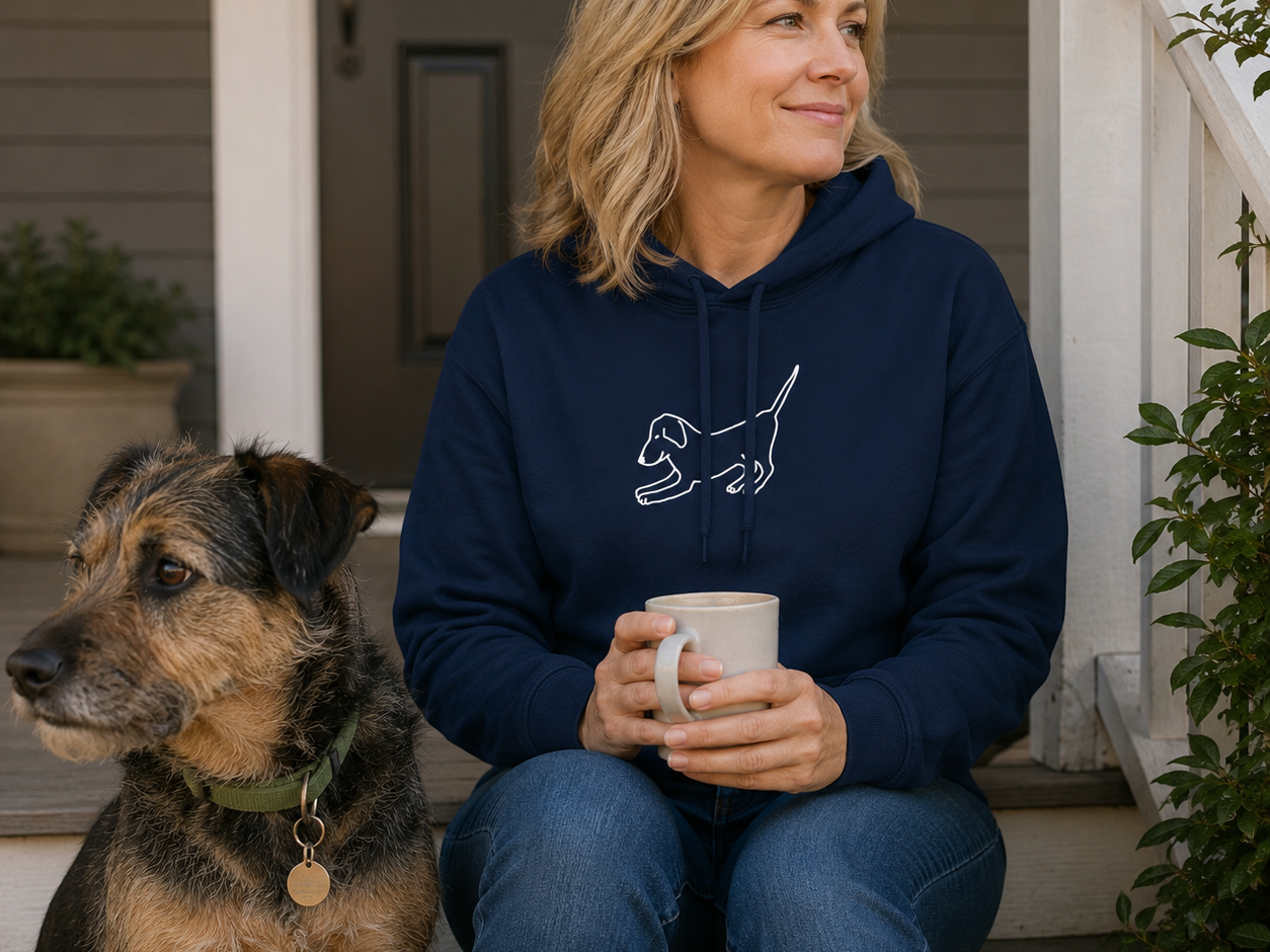 Downward Dog hoodie featuring a dog stretching in a play-bow pose