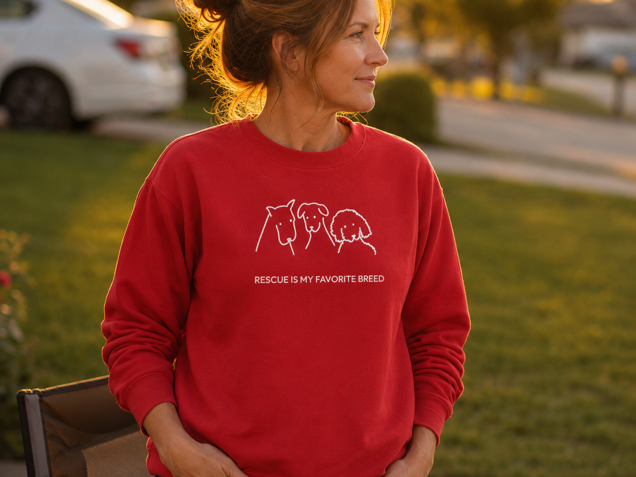 Rescue Is My Breed sweatshirt featuring three dog breed outlines side by side