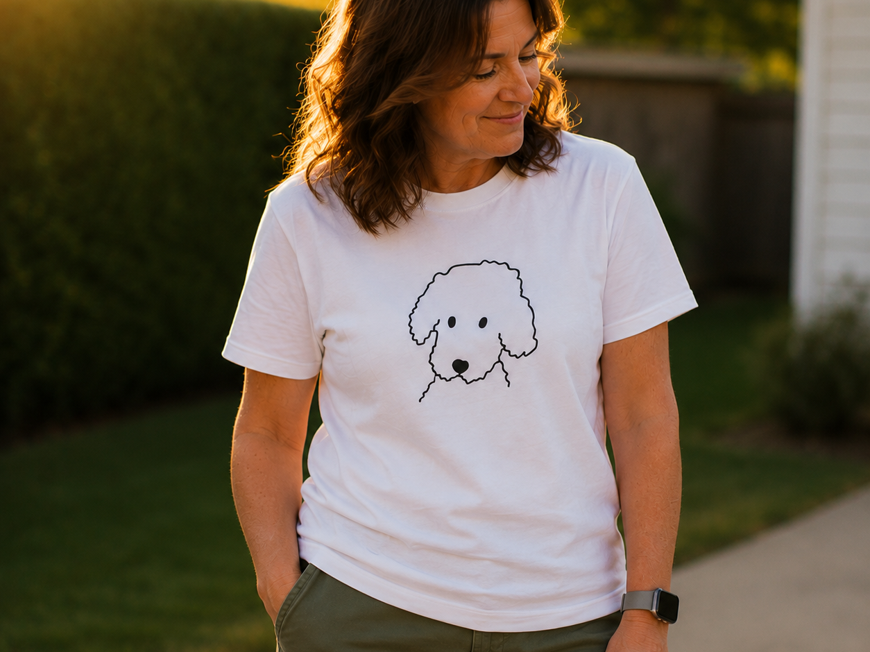 Curly Dog t-shirt featuring a curly-coated dog's head in line art