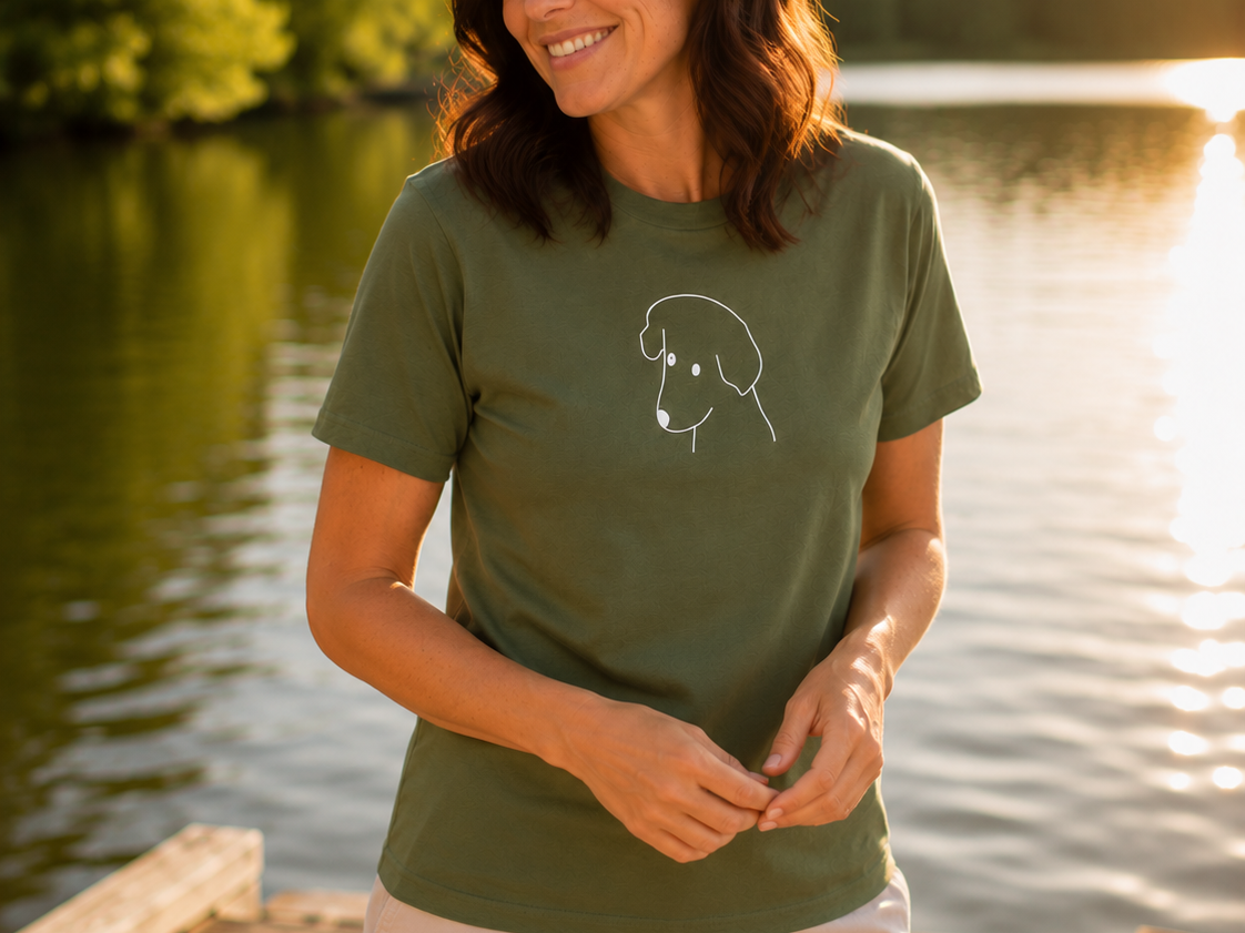 Happy Dog t-shirt featuring a labrador's head in line art